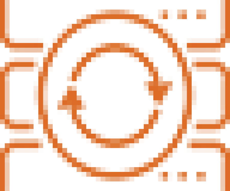 Icon depicting a stack of computer boxes over which a circle is superimposed. Inside the circle are three arrows moving clockwise around it