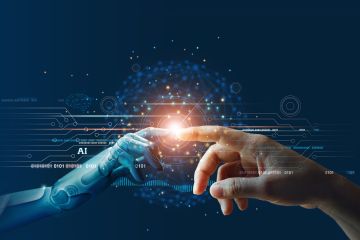 Implementation - Innovation - Future: Human hand touching robotic hand with glowing light symbolizing AI and technology connection.