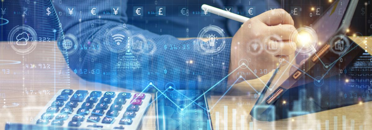 Payroll - Person using tablet with stylus near calculator, overlaid with digital financial and data graphics.